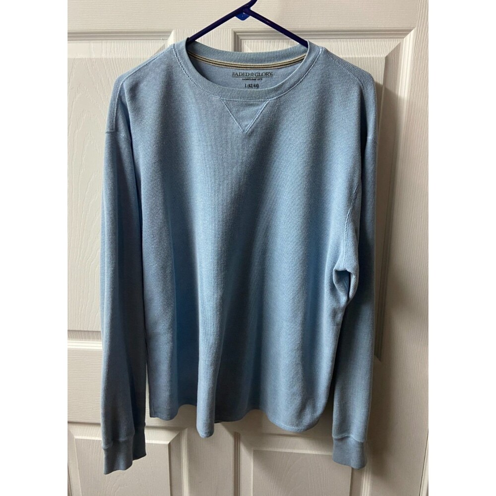Faded Glory Pullover Thermal Shirt Mens Large Sky Blue Waffle Knit Outdoors